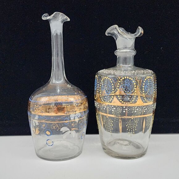 Bohemian Blown Glass Decanters Hand Painted Blue Enamel Gold Paint 7.5" - Picture 12 of 13